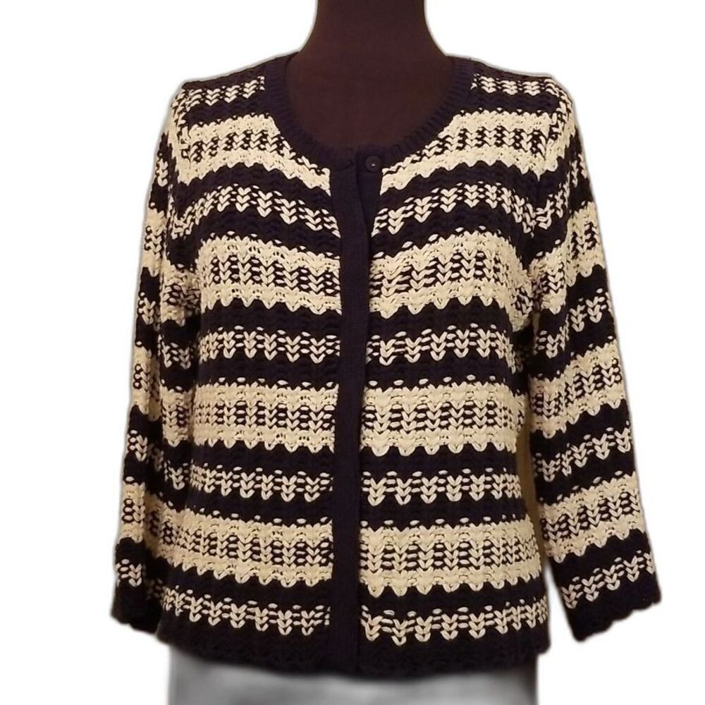 Vintage Liz Claiborne Crochet Sweater Cardigan Size Large Blue White Chunky Knit